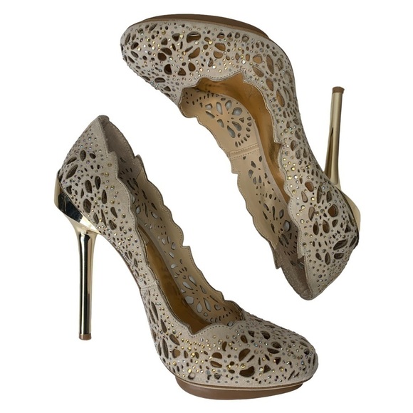 BCBGMAXAZRIA Peacock Powder Iridescent Suede Laser Cut Jeweled Gold Heel Size 7 - Picture 5 of 13